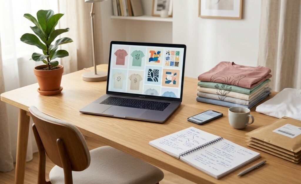 Laptop displaying a grid of cool designs for Merch by Amazon t-shirts on a workspace desk